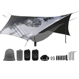 LAZZO Camping Hammock Set All-Inclusive,Double Hammock,Bug Net,Tarp,Suspension,Guyline,Stakes and Backpack,Perfect for Backpacking,Camping,Hiking & Yard (Gray, 10)