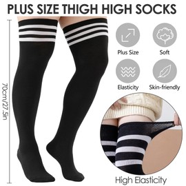 Plus Size Thigh High Socks for Women Thick Long Leg Warmer Over the Knee Stockings Cotton Blend Boot Socks (Black-White, One Size)