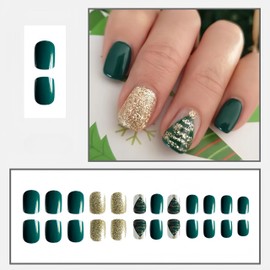 24Pcs Christmas Tree Press on Nails Gold Glitter Fake Nails Winter Xmas Short Square Glue on Nails with Green Solid Color Design Gold Xmas Tree False Nails Sparkly Green Stick on Nails for Women Girls