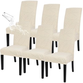 SearchI Waterproof Dining Room Chair Covers Set of 6, Stretch Jacquard Parsons Chair Slipcovers Removable Washable Kitchen Chair Protector for Dining Room, Hotel, Banquet(Beige Leaf)