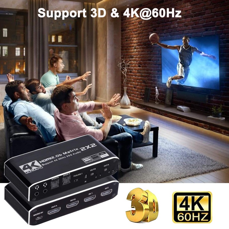 HDMI Matrix 2x2, 4K@60Hz HDMI Matrix Switch 2 in 2