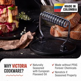 Victoria Round Cast Iron Meat Press with a Wire Handle, Preseasoned with Flaxseed Oil, Made in Colombia