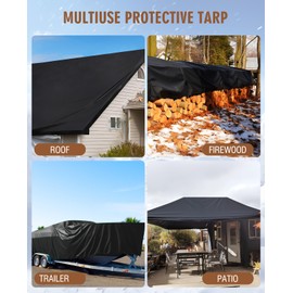 HIRALIY 20 Mil Heavy Duty Waterproof Tarp, Black Tarpaulin with Reinforced Webbing Loops, Multipurpose Oxford Canvas Tarp for Firewood, Roof, Camping, Pool (10.5x20 ft)