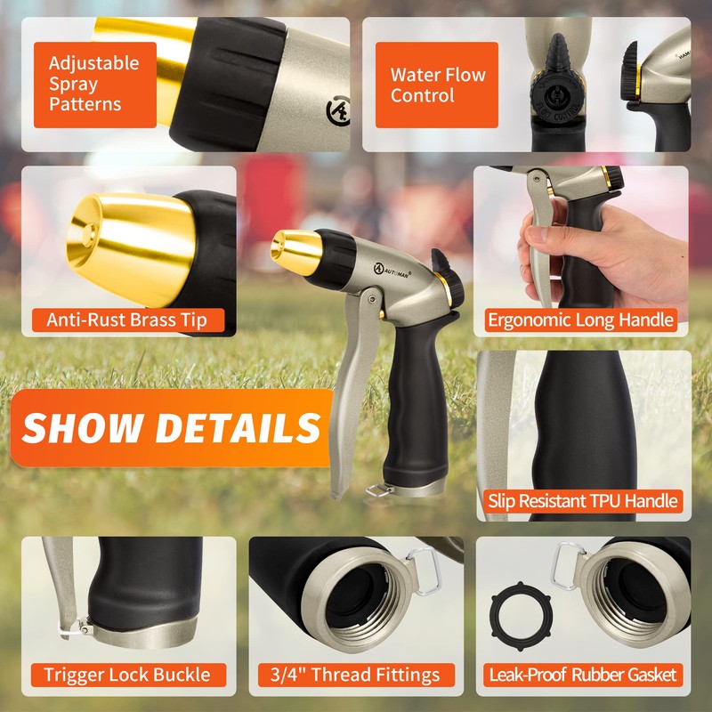 AUTOMAN Garden Hose Nozzle - 100% Metal High Pressure Spray
