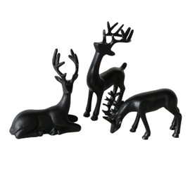WHW Whole House Worlds Rustic Reindeer Figurines, Set of 3, Handmade, Cast Aluminum, Black, Standing, Grazing and Recumbent Poses, 8.75 Inches