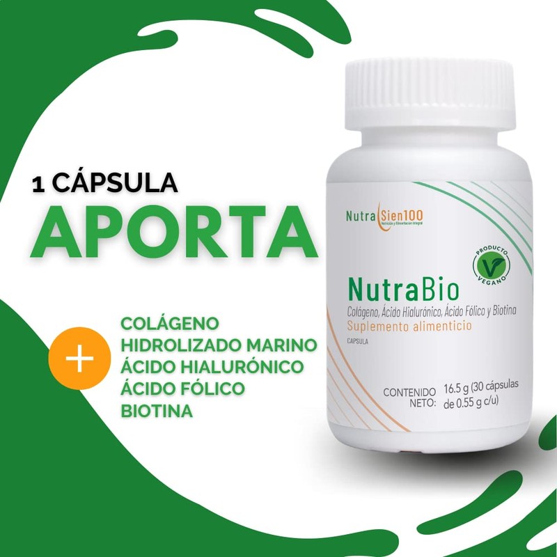 Nutrasien100 Colágeno Biotina Ácido Hialuronico Suplemento Vegano 30 Cápsulas