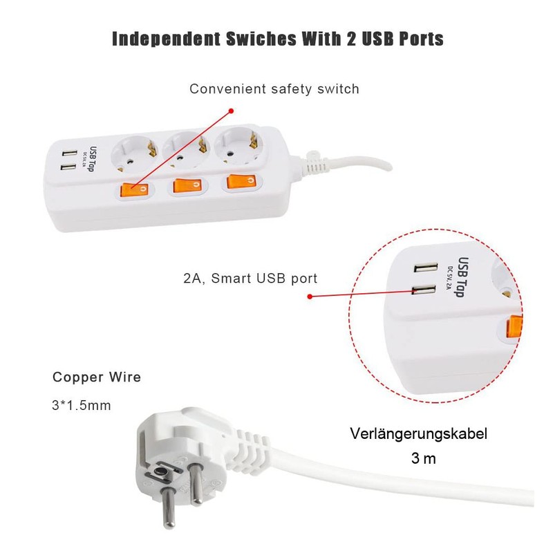 NEUVIELE Power Strip with 2 USB, 2-Way 3-Way Surge Protection,