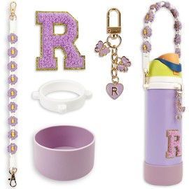 Silicone Boot Cute Monogram Set Compatible with Owala Water Bottle 32 oz - Perfect Letter Owala Accessories for Owala Tumbler, Owala Free Sip, Pink Owala, Black Owala, owala coffee tumbler (Purple, R)