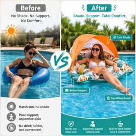Inflatable Pool Float with Canopy for Adults – Shaded Lounge Chair with Headrest for Pool & Beach Relaxation