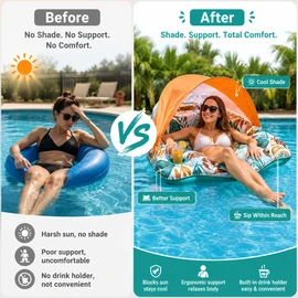 Inflatable Pool Float with Canopy for Adults – Shaded Lounge Chair with Headrest for Pool & Beach Relaxation