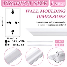 6 Set Accent Wall Molding Kit Premade Wainscoting Panels Wall Molding Peel and Stick Panel White Pre Cut Trim for Walls Picture Frame Molding for Home Decoration (12 x 24 Inch)