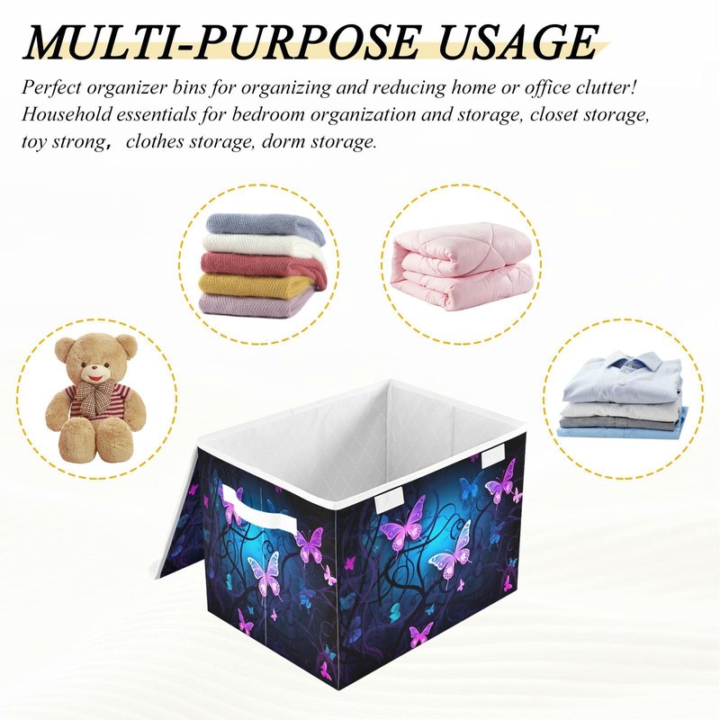 YETTASBIN Purple Blue Butterfly Storage Basket with Lid and Handles,