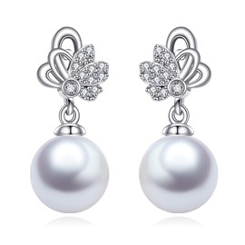 AOBOCO Pearl Dangle Butterfly Earrings for Women 925 Sterling Silver Animal Jewelry Anniversary Brithday Jewelry for Her Women Mothers Day Christmas Gifts Butterfly Pearl Drop Earrings