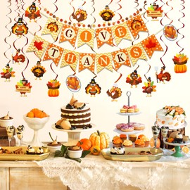 Tifeson 21Pcs Thanksgiving Decorations, Pre-Assembled Give Thanks Banner Turkey Hanging Swirls Colorful Dots Circle Garland for Indoor Home Office Classroom Fall Theme Party Decor