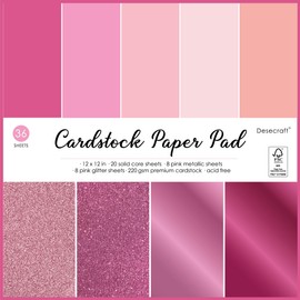 Desecraft 36 Sheets 12x12 Pink Cardstock Scrapbook Decorative Paper - 220gsm Pink Solid Glitter Shimmer - for Card Making Journaling Origami Scrapbook Paper Scrapbooking Supplies Spring