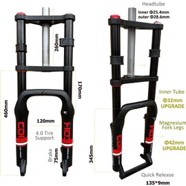 DONSP1986 20 inch x 4.0 Fat Tire Bike Fork, 1-1/8" Threadless Air Suspension Bicycle Fork 20" Double Shoulders, Snow Beach MTB E-Bike Fork, Manual Lockout, 9mm Quick Release, Disc Brake (Fork Only)