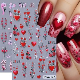 Valentine's Day Nail Art Stickers 4Pcs Heart Nail Stickers Self Adhesive Nail Design 3D Nail Decals Rose Flower Heart Butterfly Nail Art Supplies Valentines Nail Decorations for Women DIY Manicure