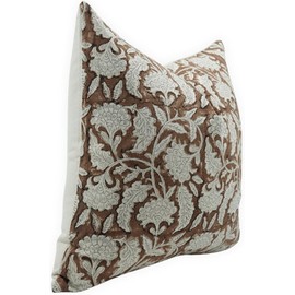 JAVTA Floral Block Print Pillow Covers, 20x20 Inch Duck Canvas Pillowcase for Boho Fall Home Decor Handmade Pillow Cover for Sofa Couch and Bed Neutral Accent Throw Pillow Covers Coffee Brown