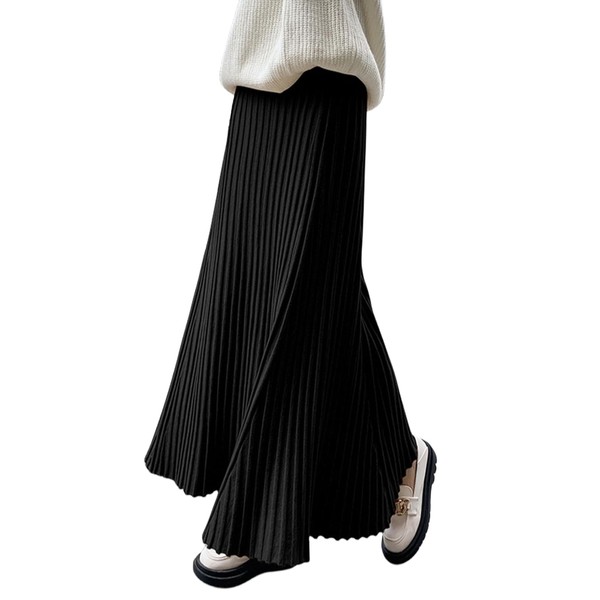 7-livehouse Women's Knit Skirt, Long Skirt, Pleated Flared Skirt, Soft, Elastic Waist, Large Size, Plain, Stylish, Beautiful, Cute, Office, Spring, Autumn, Winter, Black