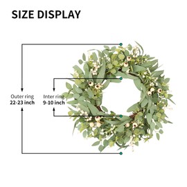 wwmira 22" Eucalyptus Wreaths for Front Door, Spring Summer Greenery Wreath with Olive, Willow Leaves, White Berries &Blooms, Farmhouse Grapevine Wreath for Porch Window Wall All Season Decor