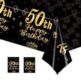 COSORO 2pcs Black Gold 50th Table Cloth,Happy 50th Birthday Tablecloth for Men Women 50th Birthday Table Decoration,137 * 274cm Plastic Tablecloths Table Cover 50th Birthday Decorations for Him Her