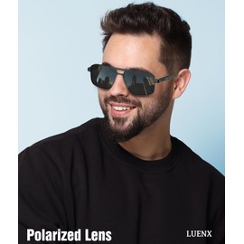 LUENX Sunglasses for Men Square Polarized Polygon Shades Driving UV 400 Protection 60mm-Black Lens Black Metal Frame Glossy Temple