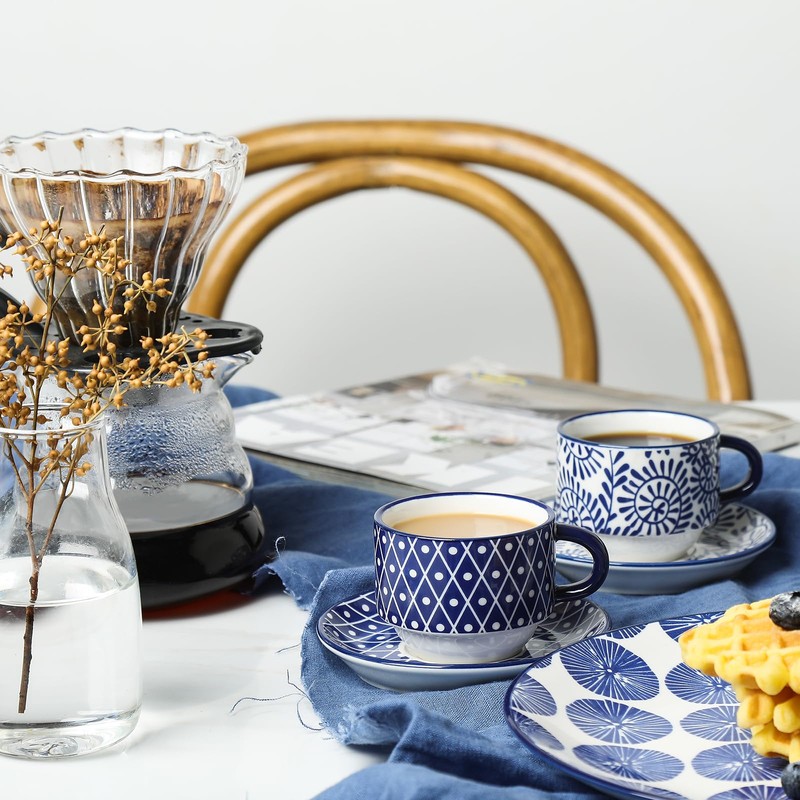 Selamica Ceramic Espresso Cups with Saucers and Metal Stand, 2.5