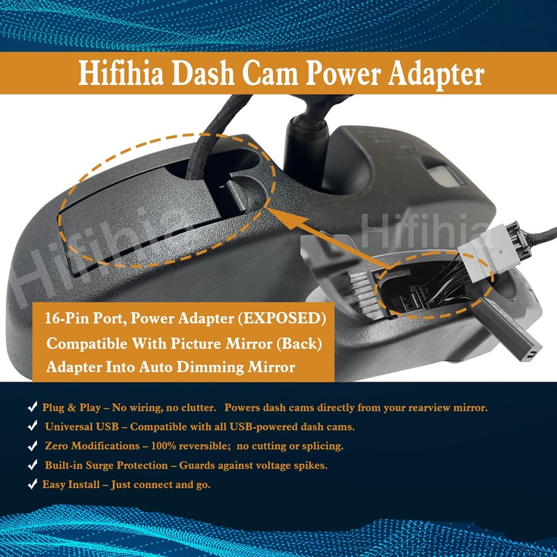Hifihia Dashcam Power Adapter (16-Pin Type B) Compatible with Jeep