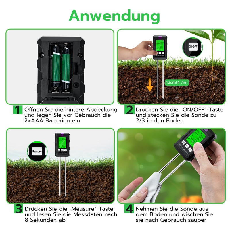 Wigearss 6-in-1 Soil Meter pH Moisture Temperature Light Soil Tester