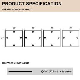 Hungbak 4 Set of 20" x 20" Pre-Cut Accent Wall Molding Trim Kit, Peel and Stick Premade Wainscoting Panels for Interior Decoration, Ready to Assemble Chair Rail Moulding