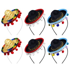 Yzpacc Set of 6 Cinco de Mayo Straw Sombrero Headband Fabric Party Hats with Ball Fringe Decoration for Fiesta Hat Party Supplies Dia de Muertos Mexican Theme Decorations Party Supplies