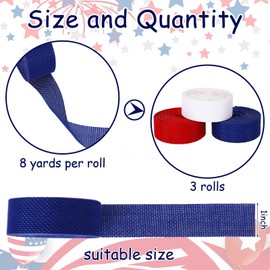 JarThenaAMCS 3 Rolls 24 Yards 4th of July Ribbon Rolls 1 Inch Red White Blue Gift Wrapping Ribbon Patriotic Ribbon for Independence Day DIY Crafts Wreath Bow Making