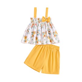 Toddler Girl Clothes Little Girl Summer Outfit Sleeveless Smocked Halter Top Floral Print Camisole Baby Girl Short 18-24 Months Clothes Outfit Sets Yellow