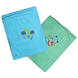 Sathiyas Akash 100% Cotton Embroidered Baby Towels - Pack of 2 (Blue || Green)