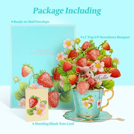 Airpark Pop Up Flower Card, 3D Paper Flowers Bouquet, Birthday, Thank You, Get Well Greeting Cards with Note Card & Envelope, Strawberry