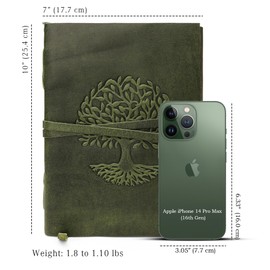 LUXEORIA Tree Of Life Leather Journal for Women and Men, Handcrafted Leather Journal for Writing Womens, Leather Sketchbook, Travel Diary with Unlined Deckle Paper, Dark Green 7x10