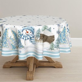 Horaldaily Christmas Tablecloth 60×60 Inch Round, Blue Snowman Pine Snow Washable Table Cover for Party Picnic Dinner Decor