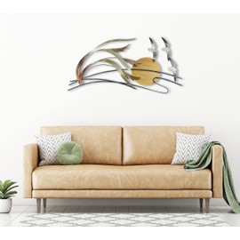 T.I. Design Seagulls and Sea Oats with Sun | Contemporary Coastal Beach Handmade Stainless Steel Metal Wall Decor