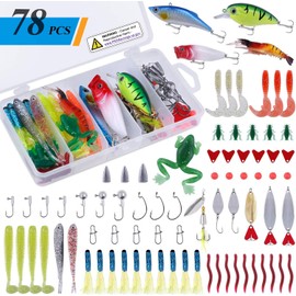 PLUSINNO 78Pcs Freshwater Fishing Lures Baits Tackle Kit, Fishing Accessories with Spoon Lures, Crankbait, Soft Plastic Worms, Spinnerbaits, Jigs, Fishing Hooks, Topwater lures for Bass, Trout, Salmon