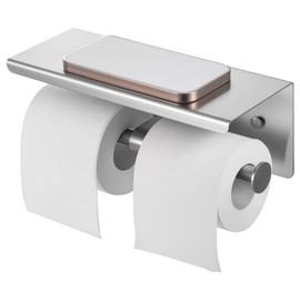 Double Toilet Paper Holder with Shelf, Wall Mount Tissue Roll Holder for Bathroom, 304 Stainless Steel Commercial Toilet Tissue Dispensers with Phone Shelf