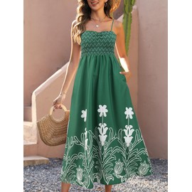 Women's Floral Print Maxi Dress,Spaghetti Strap Smocked Bodice A-Line Sundress with Pockets Green XL