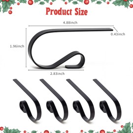 Christmas Stocking Holders for Mantle Set of 4, Lightweight Adjustable Christmas Stocking Holder Hooks Metal Fireplace Hanger for Christmas Party Decoration, Non-Slip Mantle Stocking Hooks(Black)