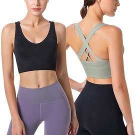HANERDUN Women's Mittle Support Sports Bra Crossback Push Up Yoga Bra Seamless Without Underwire with Removable Padded for Fitness Running Jogging, 2 Pieces (Black + Light Green)