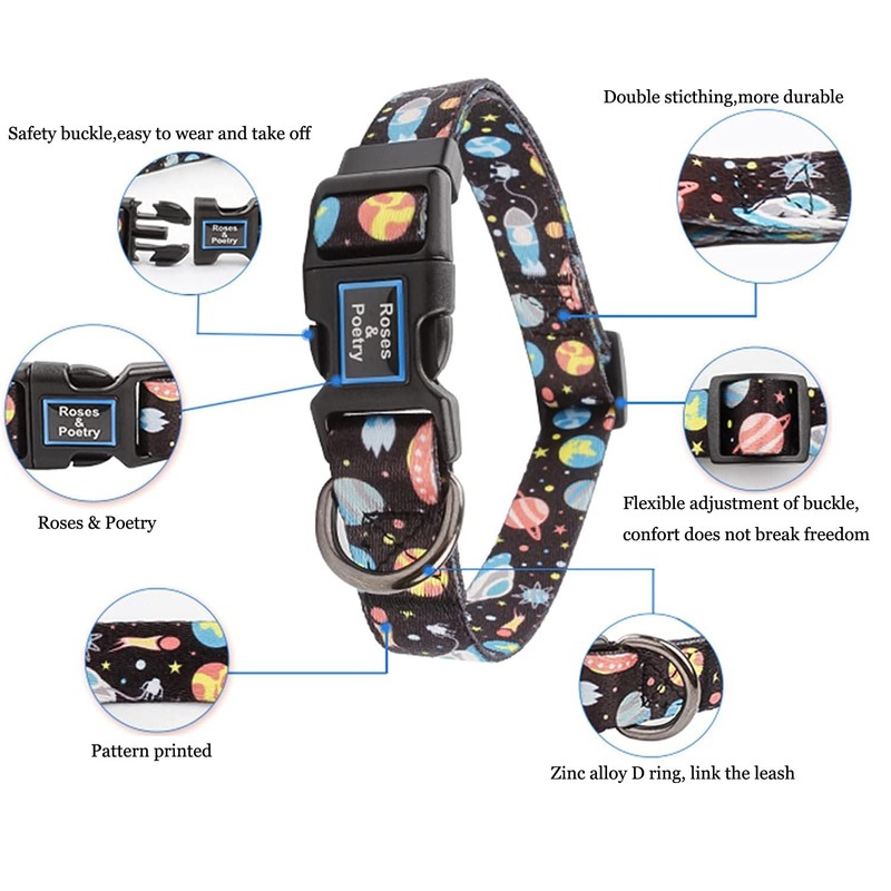 Roses&Poetry Dog Collar with Colourful Star Patterns, Adjustable Durable Puppy