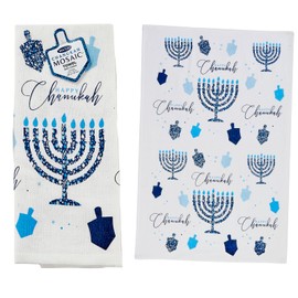 Rite Lite Happy Chanukah Towel with Mosaic Dreidel, Menorah, Happy Chanukah Design Hanukkah Hostess Gifts Jewish Holiday Party Favors Kitchen Home Decor Cooking Judaica Accessories 100% Cotton (1pc)