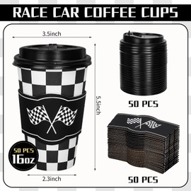 Whaline 50 Set Race Car Disposable Coffee Cups with Lids and Sleeves Checkered Flag Racing Theme Paper Drinking Cups for Sports Theme Birthday Party Supplies