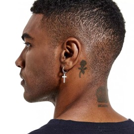 Street Knitted Men's White Gold Plated Solid Sterling Silver Dangle Cross Huggie Hoop Earrings