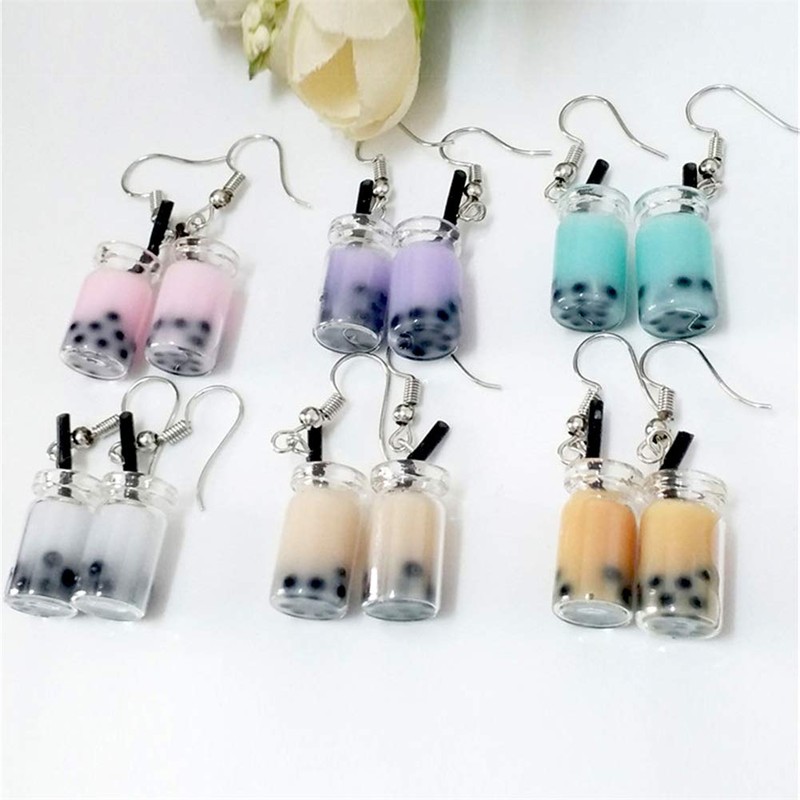 6 Pairs Cute Pearl Milk Tea Dangle Earrings Tea Drop