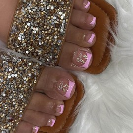 French Tip Press on Toenails Short Square Fake Toenails Pink Toe Nail Tips False Toenails with 3D Aurora Bow Designs Cute Acrylic Toe Nail Glossy Spring Summer Glue on Toenails for Women and Girls