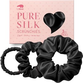 Litbear Silk Hair Scrunchies, 100% Mulberry Silk Hair Ties No Damage for Women Girl, Silky Ponytail Holder for All Hair Type, Frizz-Free Stylish Hair Accessories (Black)